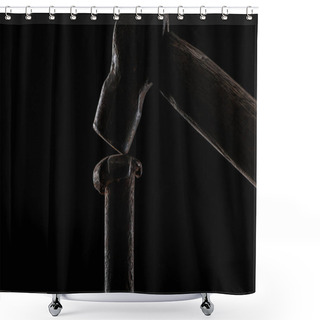 Personality   Close Up View Of Vintage Hammer And Nail Isolated On Black Shower Curtains