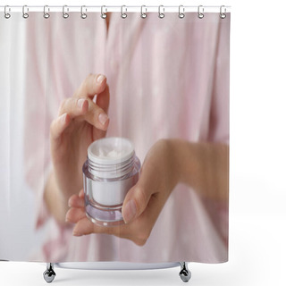 Personality  Woman With Jar Of Moisturizing Cream, Closeup Shower Curtains