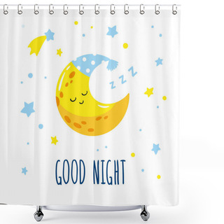 Personality  Cute Sleeping Crescent Moon In The Sky. Hand-written Inscription Good Night Shower Curtains