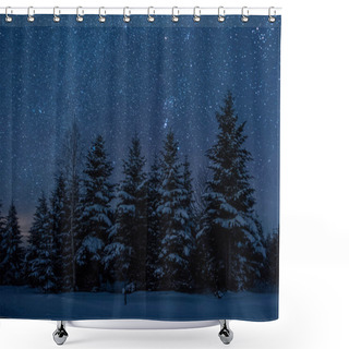 Personality  Dark Sky Full Of Shiny Stars In Carpathian Mountains In Winter Forest At Night Shower Curtains