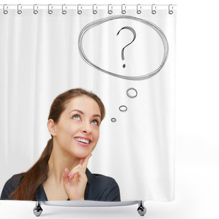 Personality  Thinking Smiling Woman With Question Sign In Bubble Above Isolat Shower Curtains