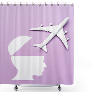 Personality  Top View Of White Plane Model And Paper Cut Human Head On Violet Background Shower Curtains