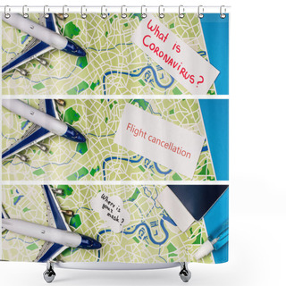Personality  Collage Of Toy Plane, Cards With What Is Coronavirus, Flight Cancellation And Where Is Your Mask Near Passport On Map On Blue Background Shower Curtains