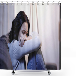Personality  Upset Woman In Casual Clothes Crying On Sofa And Hiding Face In Crossed Arms At Home Shower Curtains