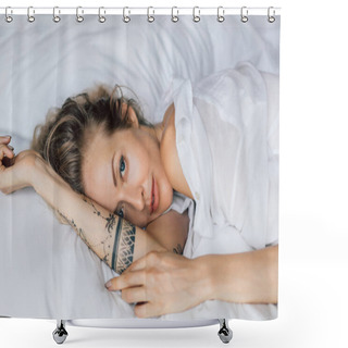 Personality  Portrait Of Beautiful Blond Woman In White Shirt Resting On Bed Shower Curtains
