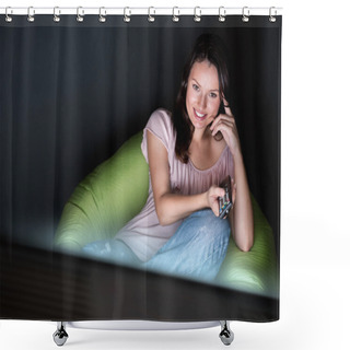 Personality  Young Woman Watching TV Sitting On The Beanbag At Home Shower Curtains