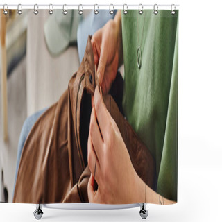 Personality  Cropped View Of Young And Tattooed Woman Checking Button On Leather Pants During Clothes Decluttering At Home, Sustainable Living And Mindful Consumerism Concept, Banner Shower Curtains