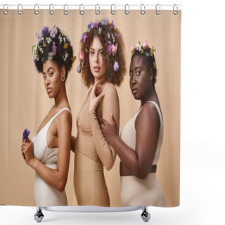 Personality  Multiethnic Body Positive Women In Lingerie With Colorful Flowers In Hair On Beige, Plus Size Beauty Shower Curtains