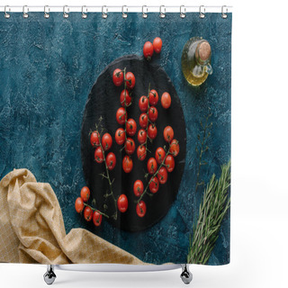 Personality  Dark Slate Board With Cherry Tomatoes And Oil Bottle On Blue Table Shower Curtains