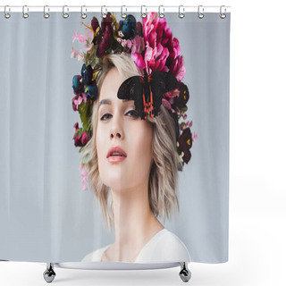 Personality  Beautiful Girl Posing In Floral Wreath With Butterfly, Isolated On Grey Shower Curtains