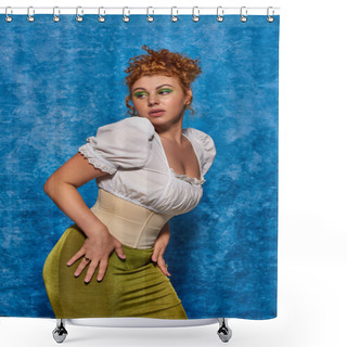 Personality  Seductive Redhead Plus Size Model In White Stylish Blouse Looking Away On Blue Textured Backdrop Shower Curtains