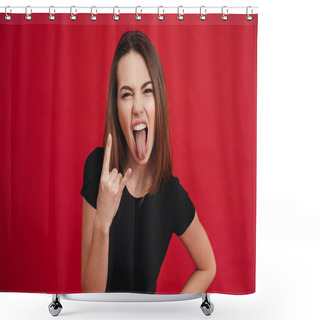 Personality  Portrait Of A Crazy Girl Showing Horns Up Gesture Shower Curtains