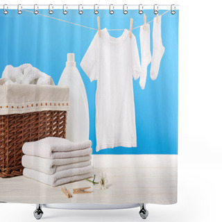 Personality  Laundry Basket, Plastic Container With Laundry Liquid, Pile Of Clean Soft Towels And White Clothes Hanging On Clothesline On Blue   Shower Curtains