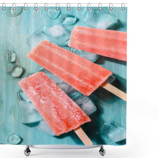 Personality  Sweet Red Fruit Popsicles On Wooden Background Shower Curtains