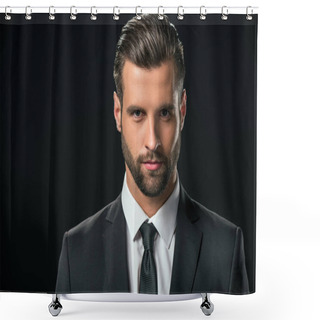 Personality  Handsome Businessman In Jacket Looking At Camera, Isolated On Black Shower Curtains