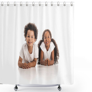 Personality  Happy African American Brother And Sister Smiling At Camera While Lying On White Background Shower Curtains