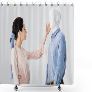 Personality  Beautiful Girl Stroking Mannequin Isolated On Grey Shower Curtains
