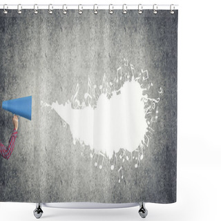 Personality  Close Of Woman Making Announcement In Paper Trumpet Shower Curtains