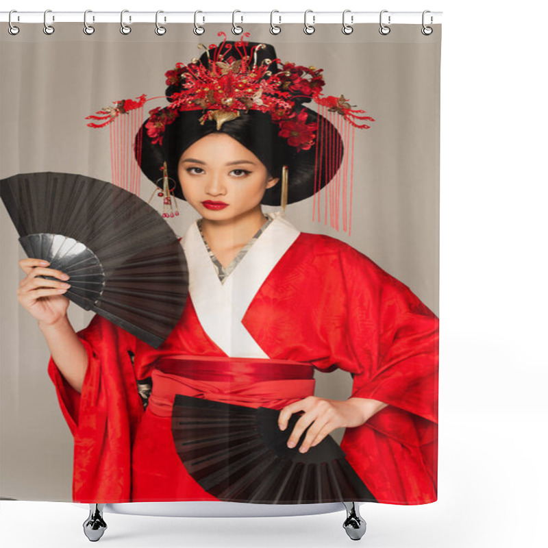 Personality  Young japanese woman with fans looking at camera isolated on grey  shower curtains