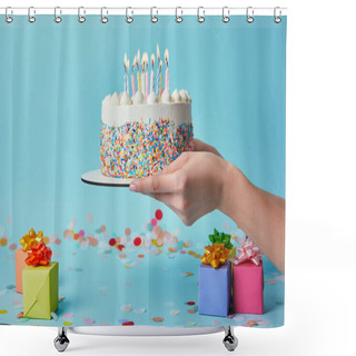 Personality  Cropped View Of Woman Holding Birthday Cake With Candles On Blue Background With Confetti And Gifts Shower Curtains