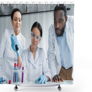Personality  African American Scientists Looking At Colleague Making Experiment In Laboratory  Shower Curtains