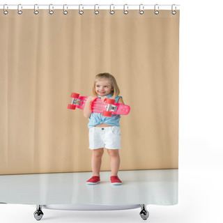 Personality  Smiling And Cute Kid In Shirt And Shorts Holding Pink Penny Board On Beige Background  Shower Curtains