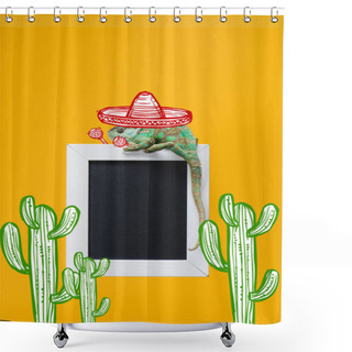 Personality  Beautiful Colorful Chameleon In Sombrero Hat With Maracas On Blackboard Isolated On Yellow With Mexican Cactuses Shower Curtains