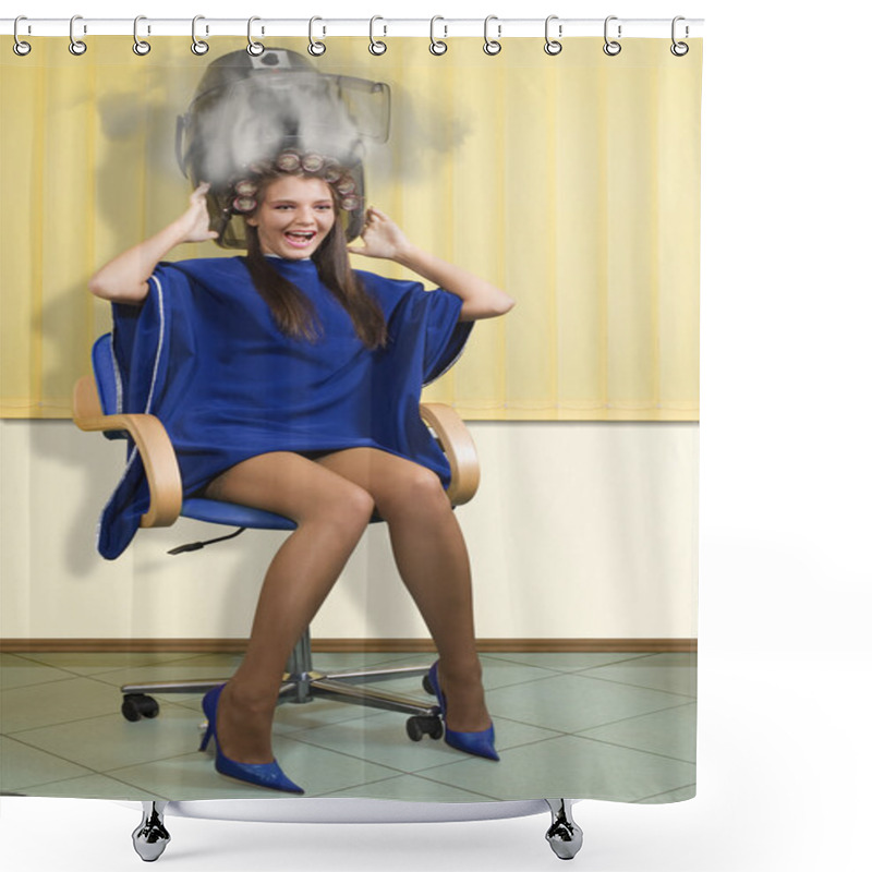 Personality  Young Woman Under A Hairdryier Burning With Her Head Into Smoke Shower Curtains