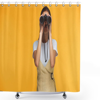 Personality  Woman Looking Through Binoculars Isolated On Yellow Shower Curtains