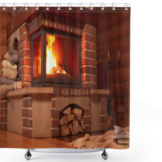 Personality  Fireplace With Burning Wood In Room. Winter Vacation Shower Curtains