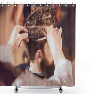 Personality  Professional Barber Styling Hair Of His Client Shower Curtains