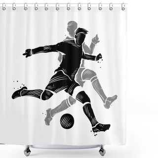 Personality  Black And Gray Drawing Of Two Football Players Playing For The Ball On White Background Shower Curtains