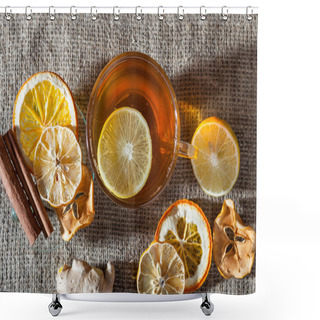 Personality  Ginger Tea With Spices, Honey, Cinnamon, Lemon And Dried Fruit On A Linen Background Shower Curtains