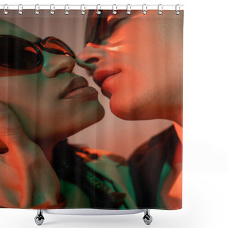 Personality  Close Up View Of Young And Passionate Interracial Couple In Love Wearing Fashionable Sunglasses And Kissing On Grey With Red Lighting, Blurred Foreground Shower Curtains