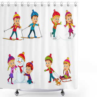 Personality  Kids,boys And Girls Play Outdoor Collection, Go Skiing, Make A Snowman, Skate On The White Background Shower Curtains