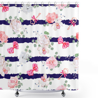 Personality  Striped Navy Seamless Vector Print With Red Satin Bows And Flowe Shower Curtains