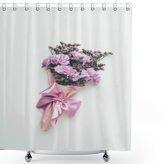 Personality  Top View Of Beautiful Tender Elegant Flower Bouquet With Pink Ribbon Isolated On Grey Shower Curtains