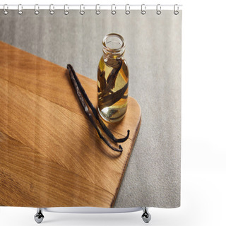 Personality  Vanilla Pods And Bottle With Essential Oil On Wooden Surface Shower Curtains