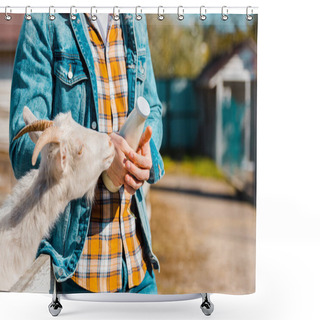 Personality  Cropped Image Of Male Farmer With Bottle Of Milk And Goat Standing Near Wooden Fence At Farm Shower Curtains