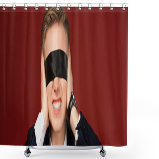 Personality  Man With Blindfold On Eyes Covering Ears With Hands On Red Background Shower Curtains