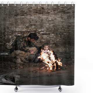 Personality  Selective Focus Of Man Wearing Jacket On Child While Sitting Near Bonfire, Post Apocalyptic Concept Shower Curtains
