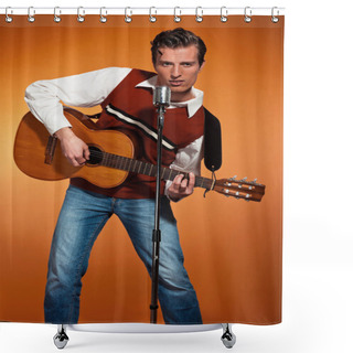 Personality  Retro Fifties Rock And Roll Singer Playing Acoustic Guitar. Stud Shower Curtains