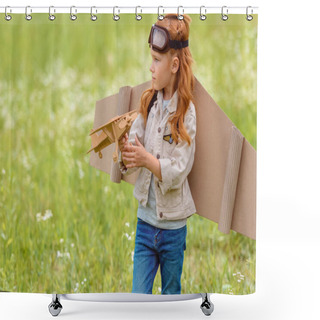 Personality  Portrait Of Little Child In Pilot Costume With Wooden Toy Plane Standing In Meadow Shower Curtains