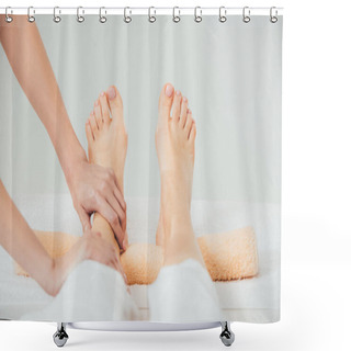Personality  Partial View Of Masseur Doing Foot Massage To Adult Woman In Spa Shower Curtains