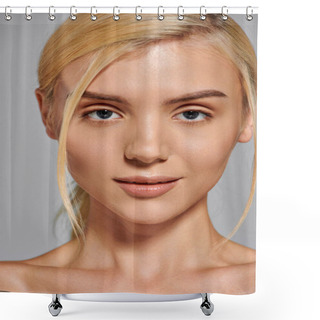 Personality  Beautiful Young Adult Woman With Confident Look And Light Smile In Gray Background Shower Curtains