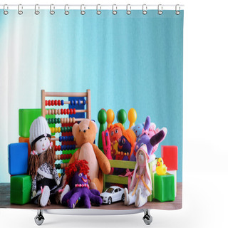 Personality  Pile Of Toys On Blue Background Shower Curtains