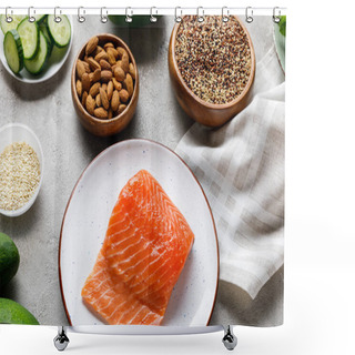 Personality  Top View Of Fresh Raw Salmon On White Plate Near Nuts And Vegetables, Ketogenic Diet Menu Shower Curtains