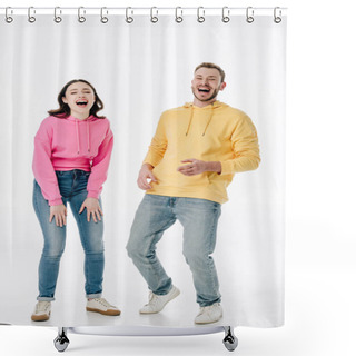 Personality  Cheerful Young Man And Woman In Blue Jeans And Hoodies Laughing While Looking At Camera On White Background  Shower Curtains