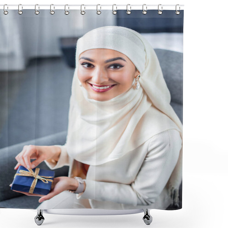 Personality  Beautiful Young Muslim Woman Holding Gift Box And Smiling At Camera  Shower Curtains