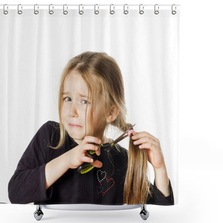Personality  Cute Little Girl With Scissors. Self Hairdresser Shower Curtains
